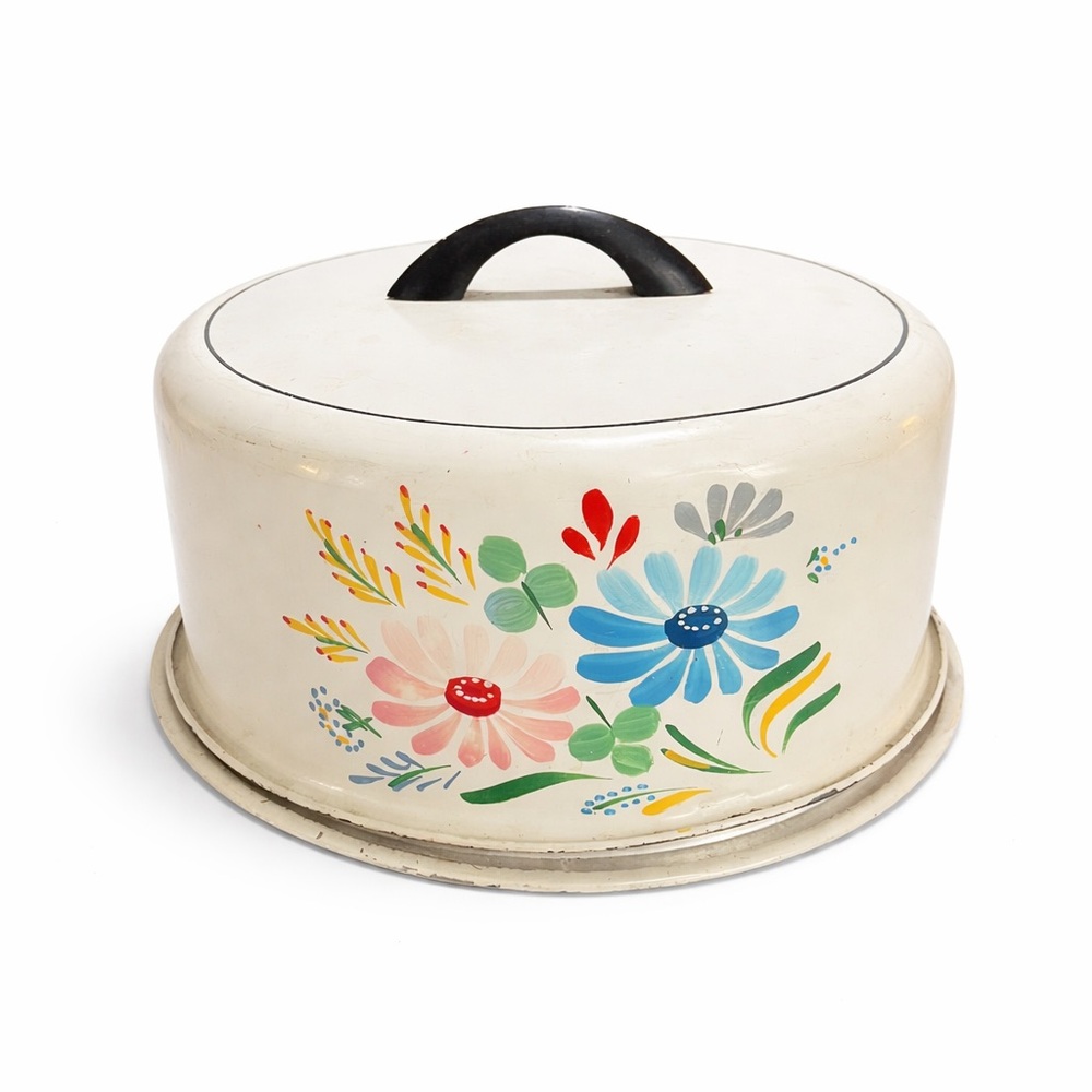 50s Vintage Aluminum Covered Cake Plate painted floral white rainbow